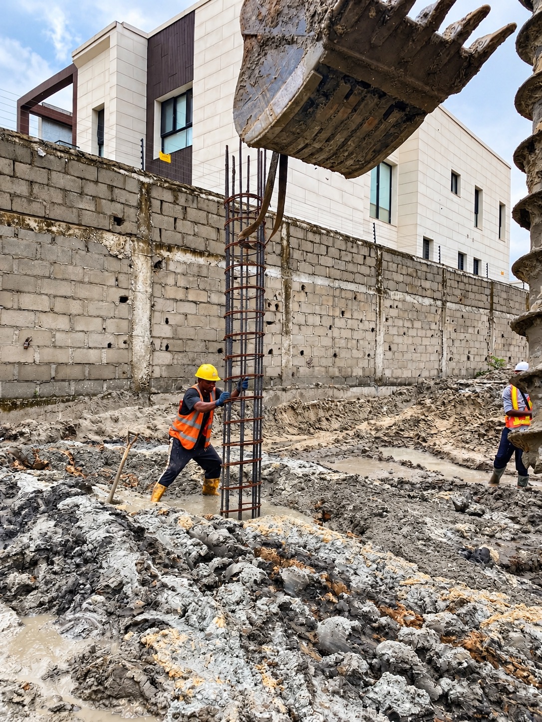 Worker positioning steel reinforcement during foundation works